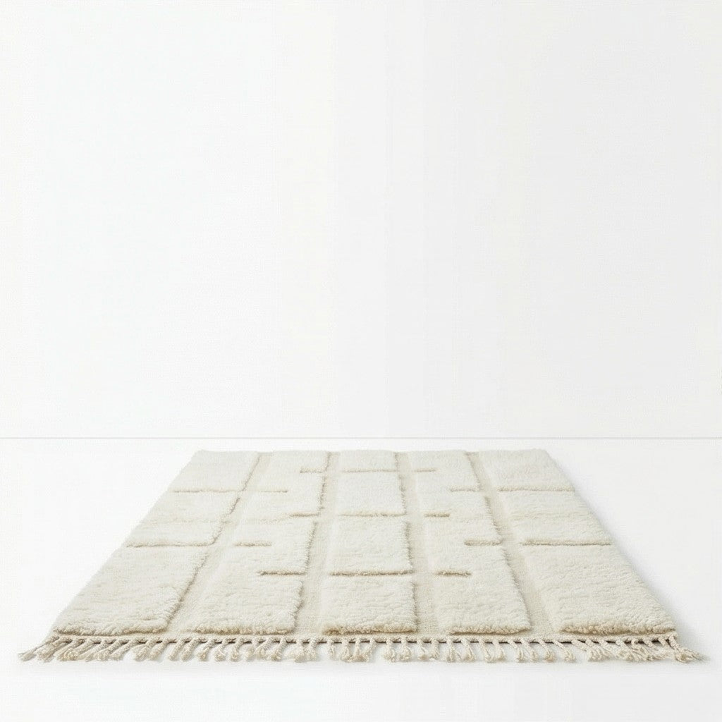 Tapis berbère blanc à motifs graphiques, de style texturé et à franges décoratives.