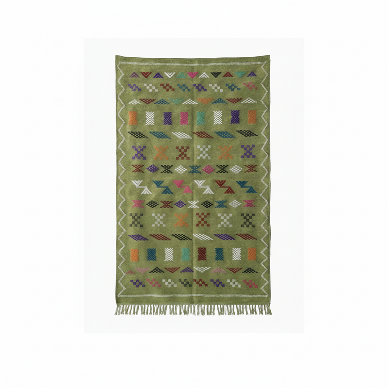 Petit tapis berbère vert bohème parsemé de motifs géométriques colorés et de franges.