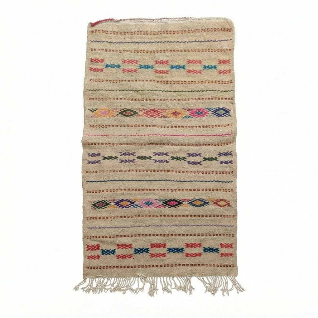 Petit tapis Kilim beige, de style bohème, avec motifs colorés et franges décoratives.