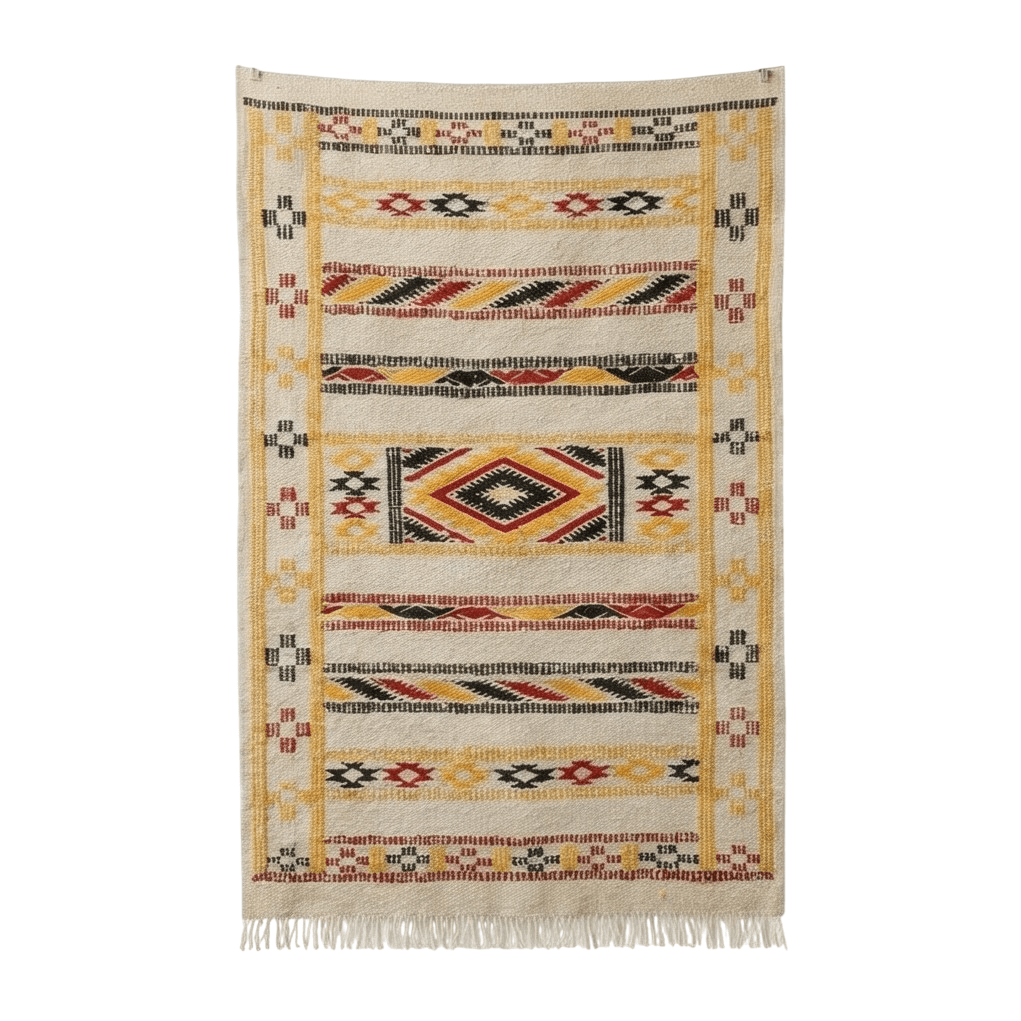 Petit tapis Kilim marocain rectangulaire beige avec motifs géométriques jaunes, noirs et rouges et franges.