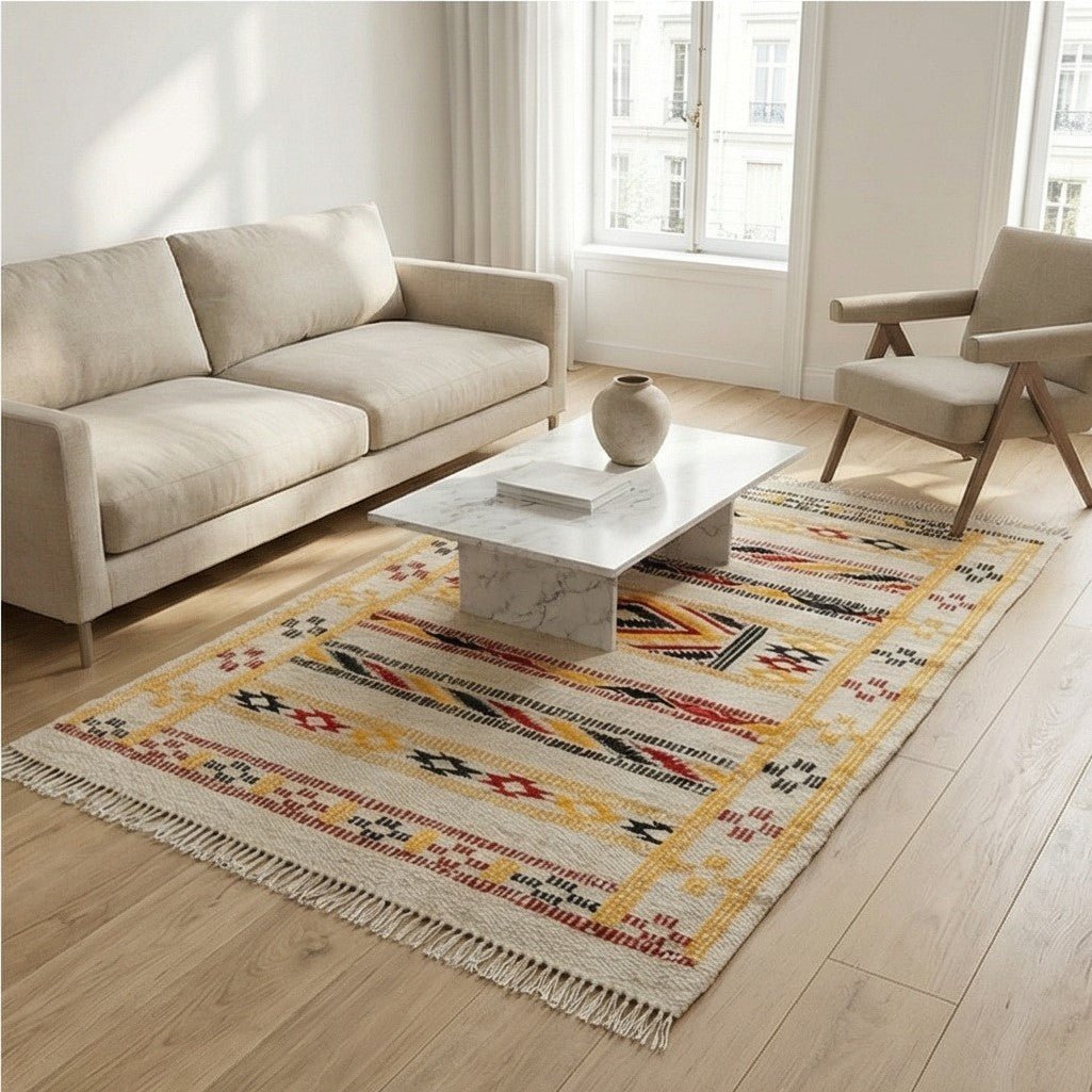 Petit tapis Kilim marocain crème avec motifs géométriques jaunes, rouges et noirs, franges aux extrémités, sur un plancher en bois.