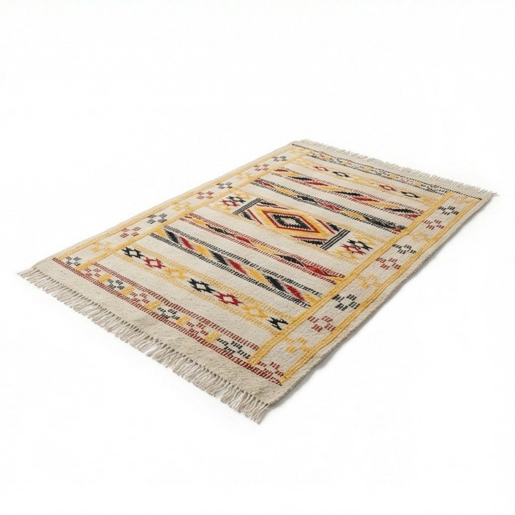 Petit tapis Kilim marocain aux motifs géométriques rouges, jaunes et noirs sur fond crème, avec losange central et franges, vu en perspective.