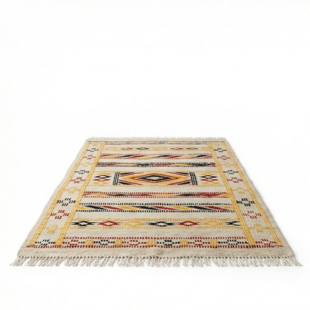Petit tapis Kilim marocain crème avec motifs géométriques jaunes, rouges et noirs, et franges, présenté en angle.