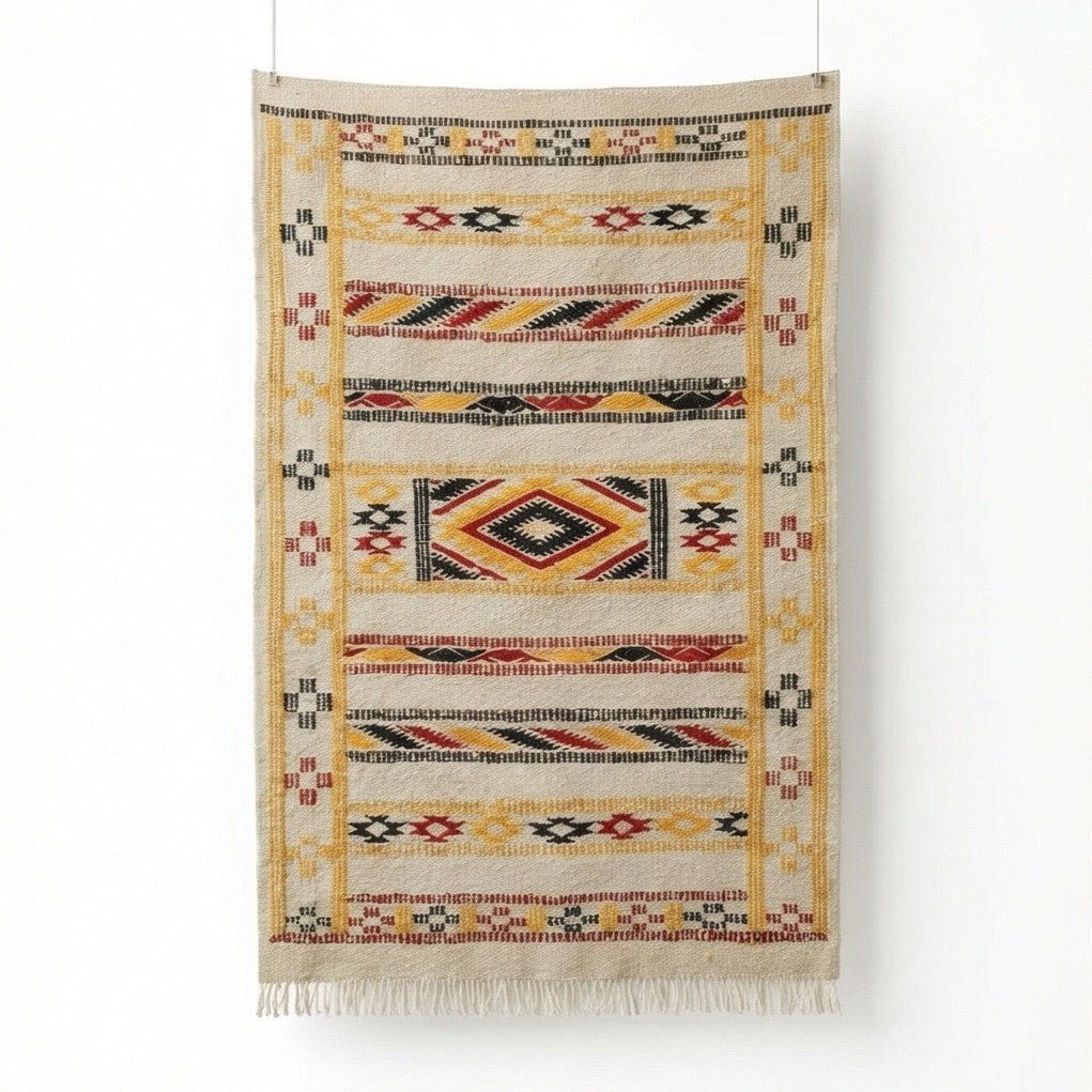 Petit tapis Kilim marocain crème avec motifs géométriques jaunes, rouges et noirs, suspendu verticalement.