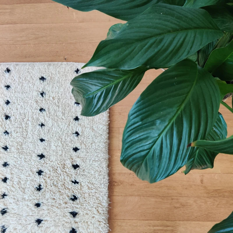Tapis en laine Beni Ouarain de petite taille, orné de pois noirs alignés, style berbère authentique.