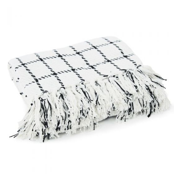 Plis du Plaid ethnique à carreaux motif check blanc et noir 125x150 - Plaid