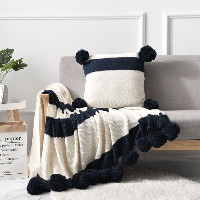 plaid pompon beige bleu