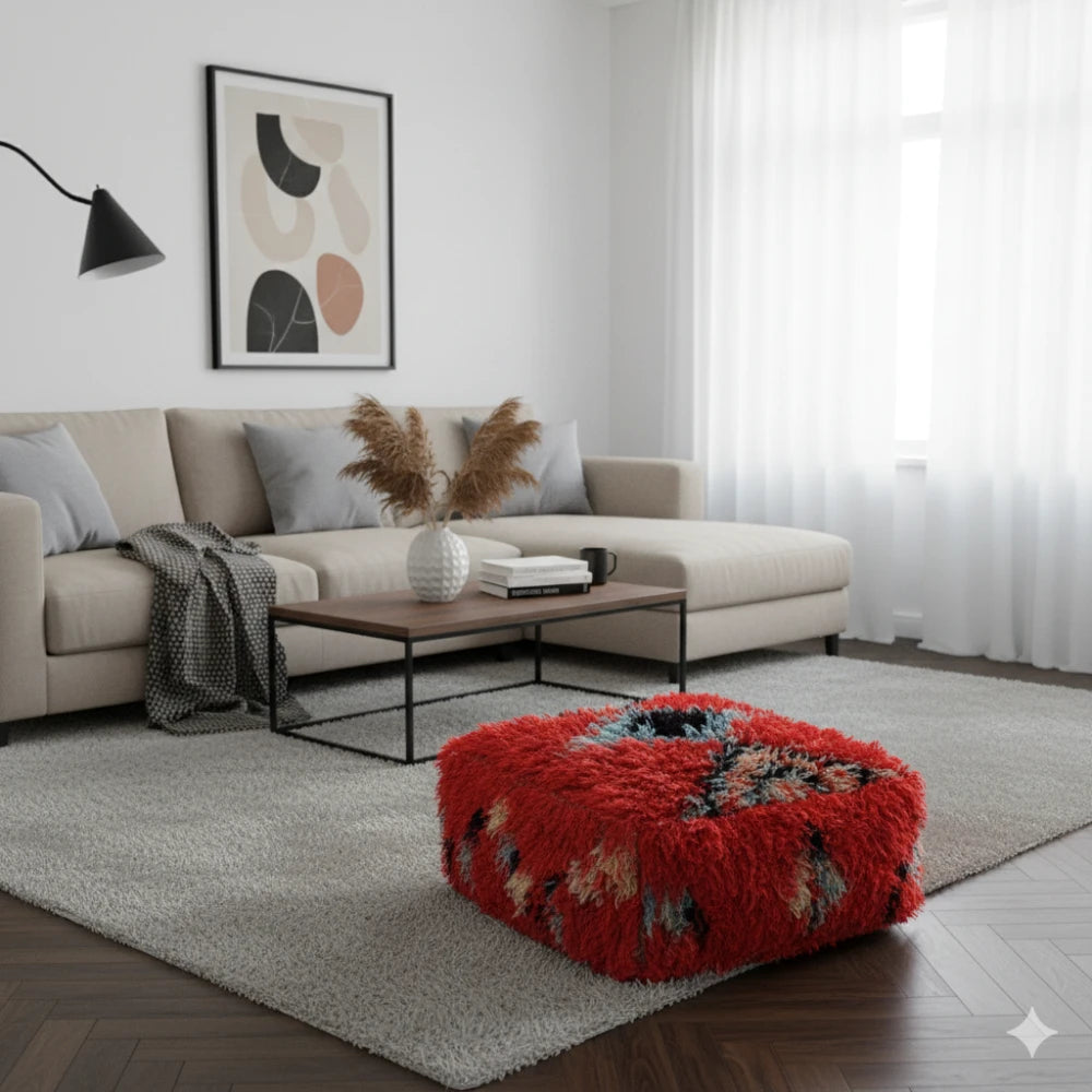 Pouf Boucherouite Rouge Berbère