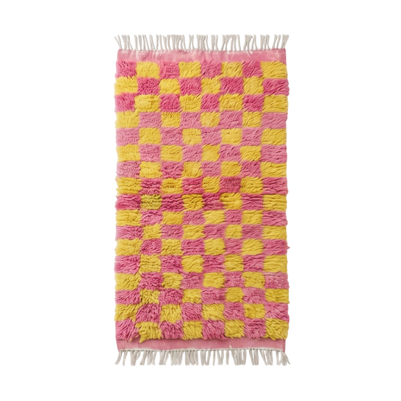 Petit tapis berbère damier rose et jaune