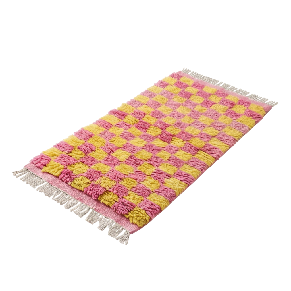 Petit tapis berbère damier rose et jaune