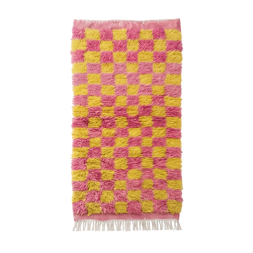 Petit tapis berbère damier rose et jaune