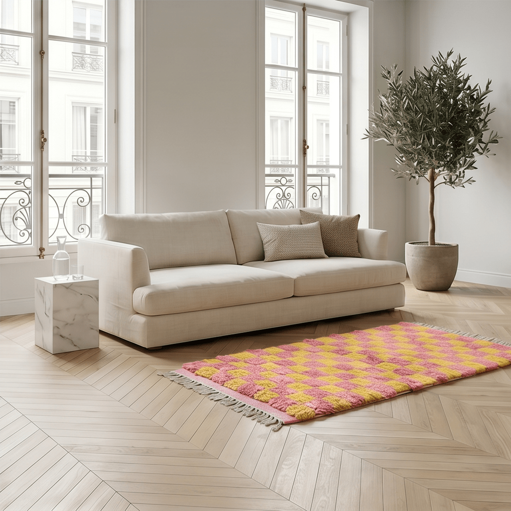 Petit tapis berbère damier rose et jaune