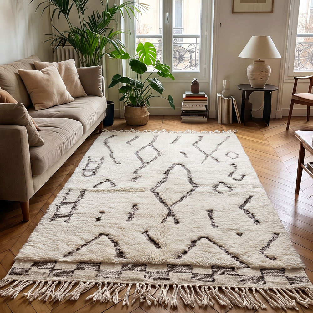 Tapis Béni Ouarain à motifs berbères bruns disposé dans un salon
