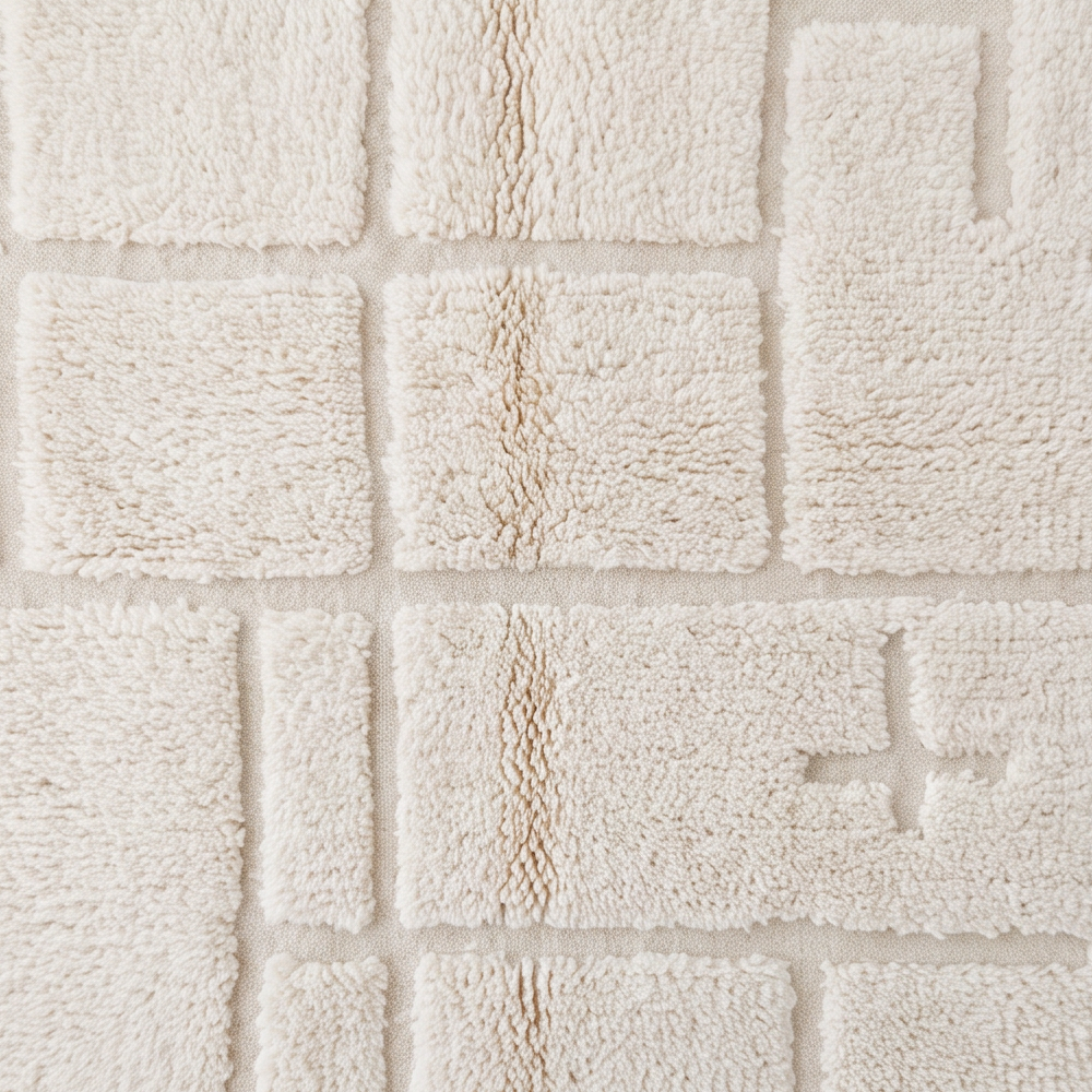 Gros plan sur la laine et le motif quadrillage de rectangles en relief ton sur ton du tapis Béni Ouarain