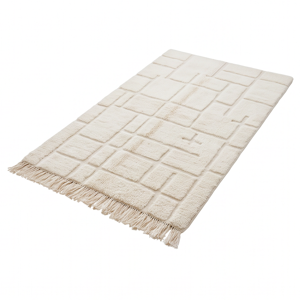 Vue en perspective du tapis Béni Ouarain à quadrillage géométrique écru et de ses franges