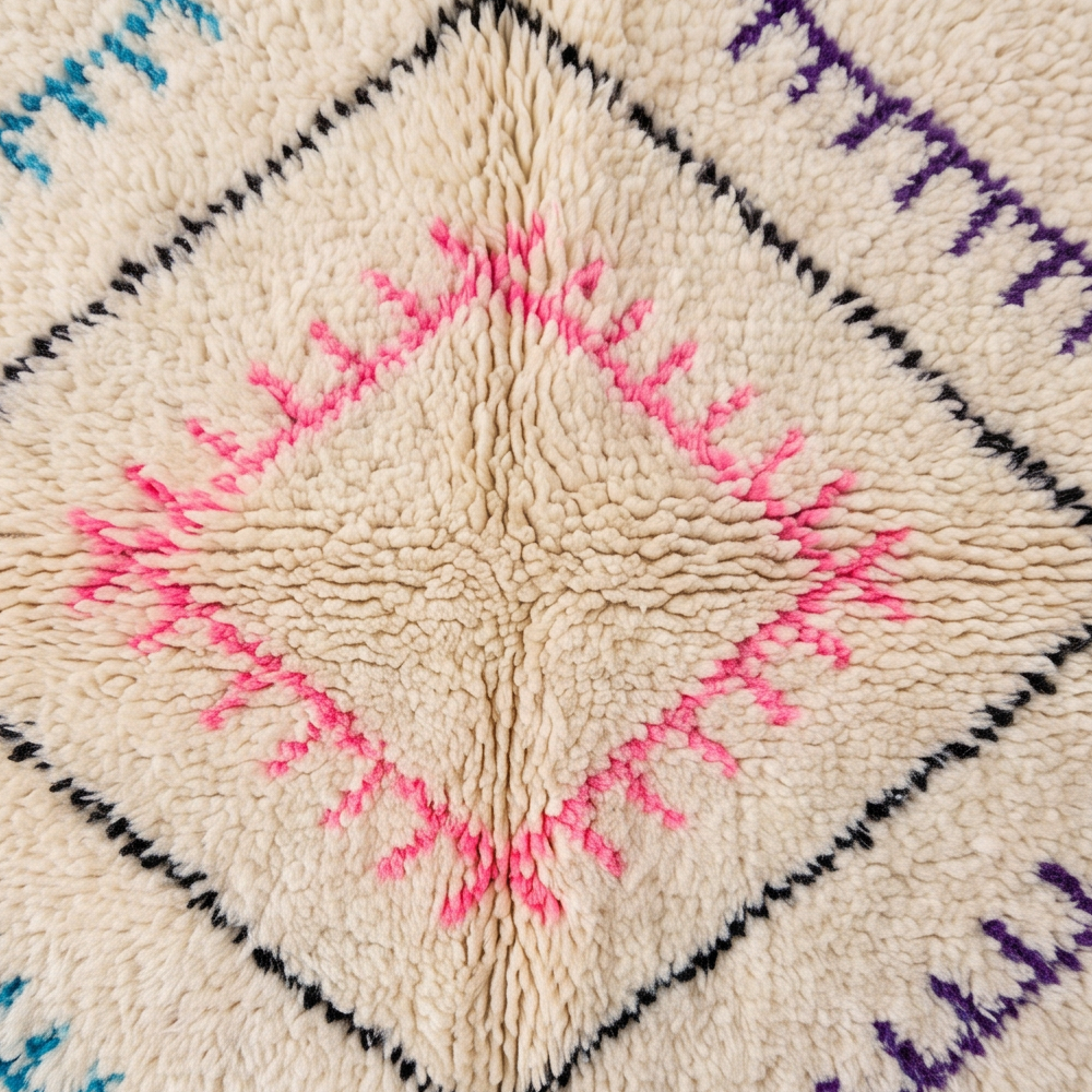 Gros plan sur la laine et le motif losanges colorés sur trame géométrique du tapis Béni Ouarain