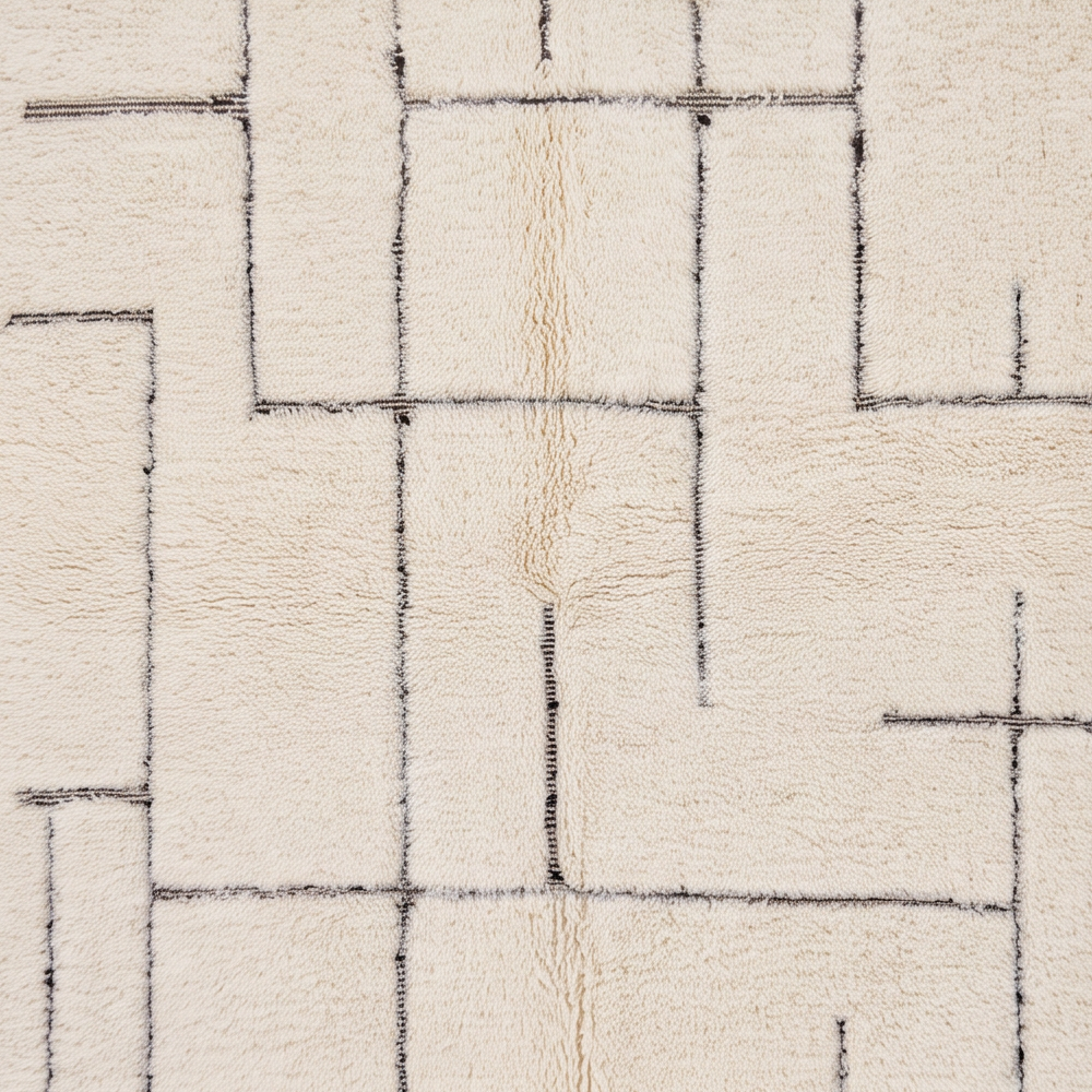 Gros plan sur la laine et le motif grille irrégulière aux lignes gris foncé du tapis Béni Ouarain