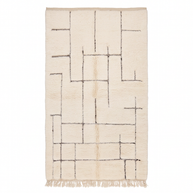 Vue de dessus du tapis Béni Ouarain à lignes géométriques grises