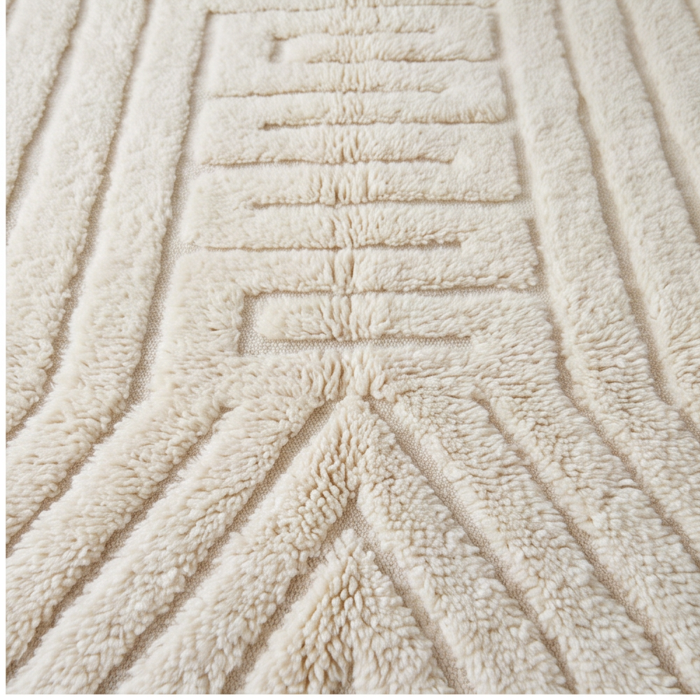 Gros plan sur la laine et le motif arche concentrique et chevrons en relief du tapis Béni Ouarain