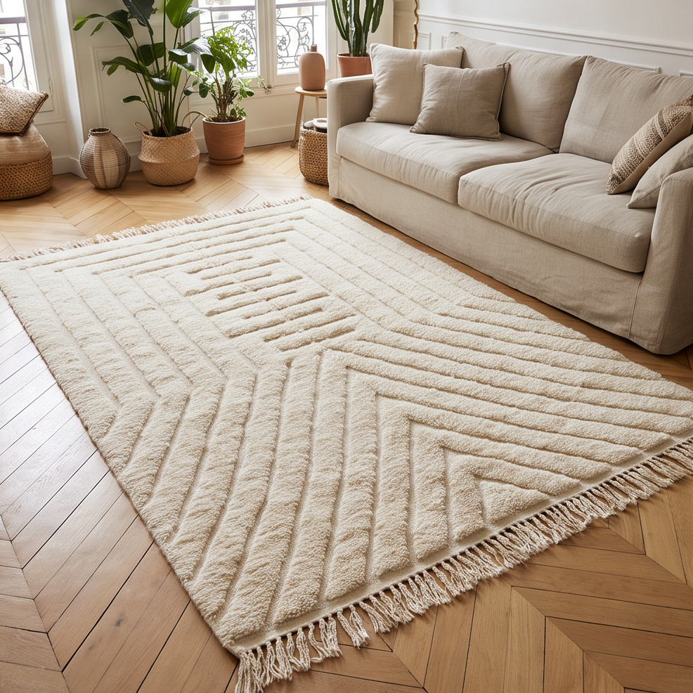 Tapis Béni Ouarain à arche et chevrons ton sur ton disposé dans un salon