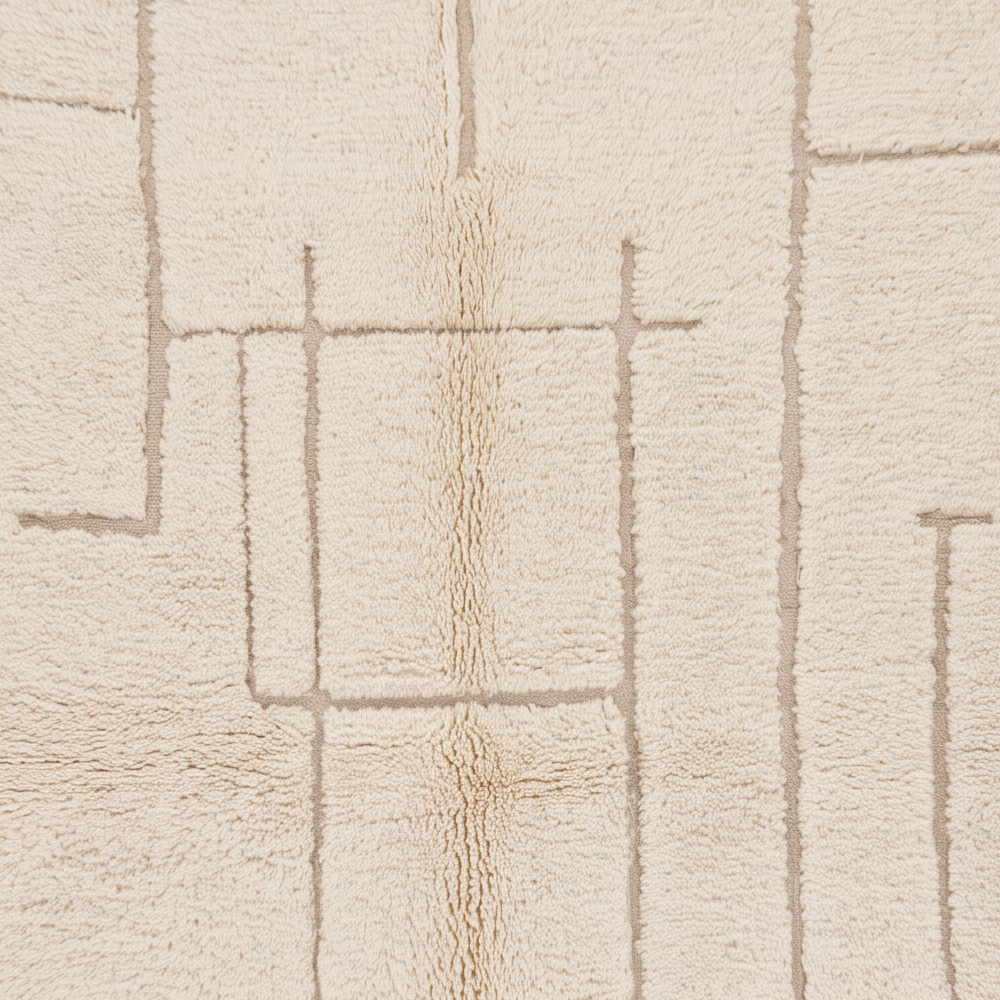 Gros plan sur la laine et le motif lignes géométriques et rectangles ton sur ton du tapis Béni Ouarain