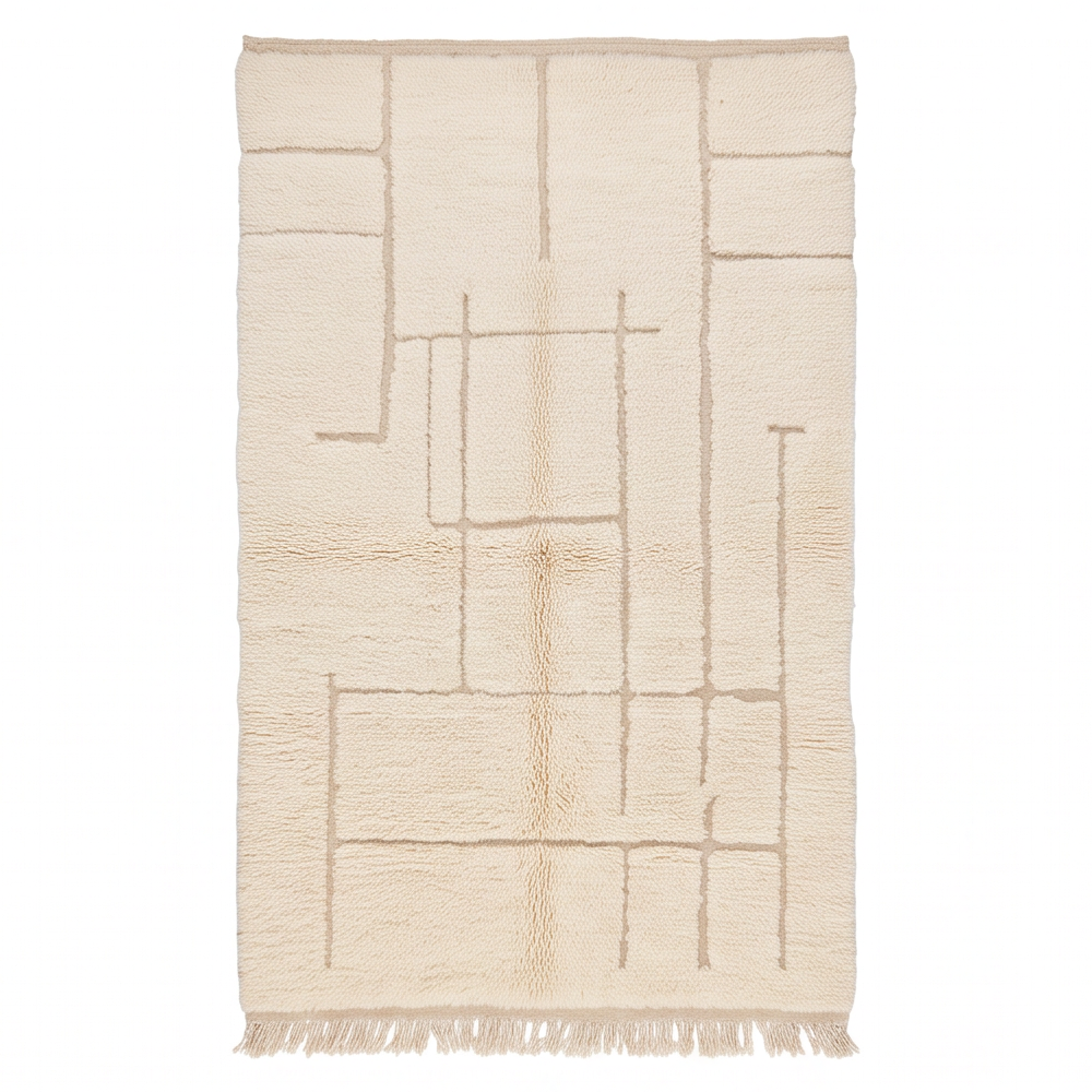 Vue de dessus du tapis Béni Ouarain à lignes géométriques ton sur ton
