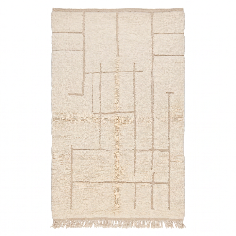 Vue de dessus du tapis Béni Ouarain à lignes géométriques ton sur ton