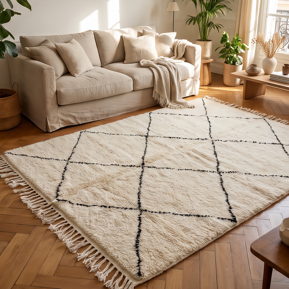 Tapis Béni Ouarain à grands losanges noirs disposé dans un salon