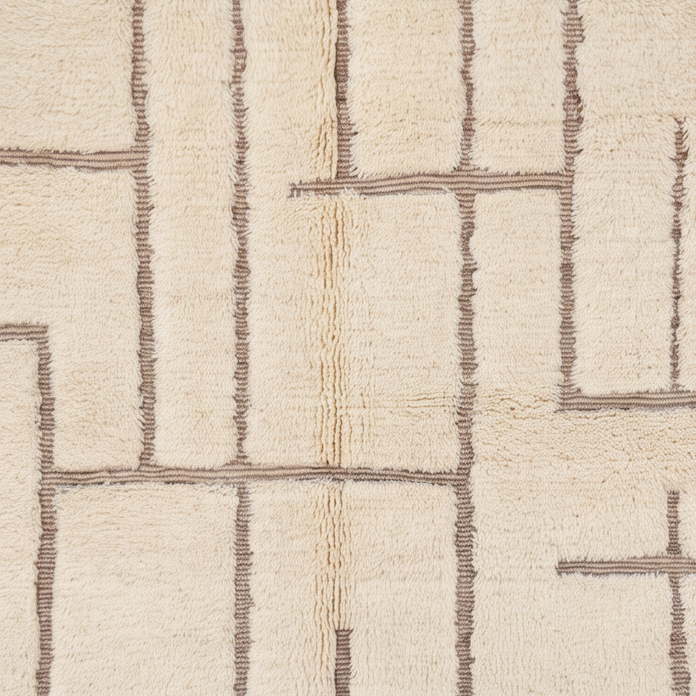 Gros plan sur la laine et le motif grille irrégulière de rectangles taupe du tapis Béni Ouarain