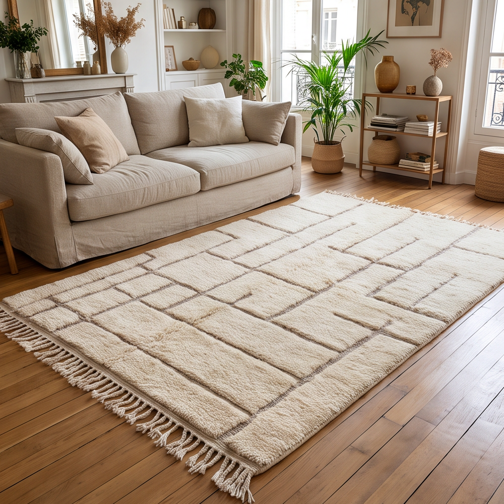Tapis Béni Ouarain à rectangles taupe disposé dans un salon