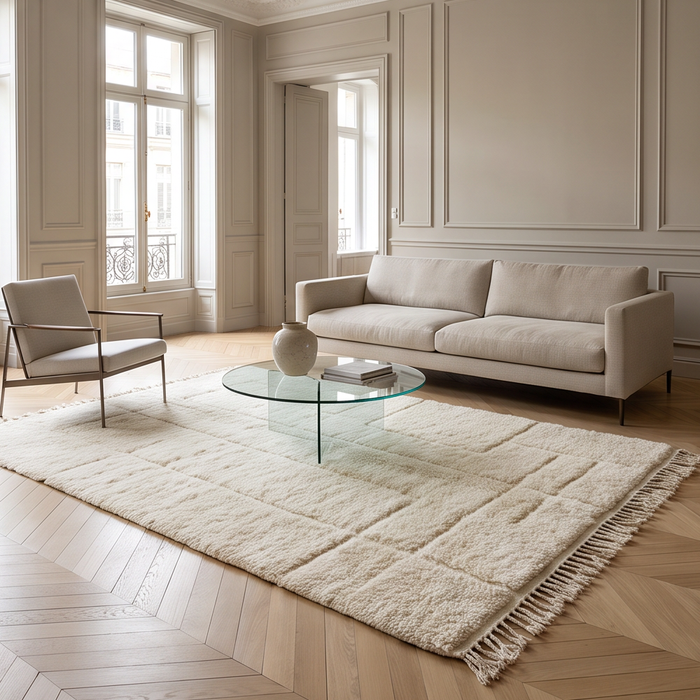 Grand tapis Béni Ouarain écru 250 x 300 cm dans un salon lumineux