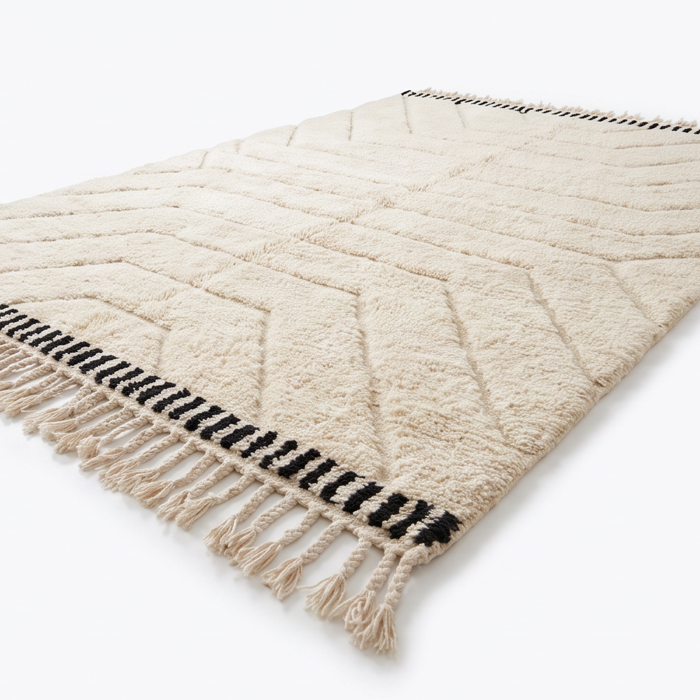 Tapis Béni Ouarain écru à lignes en relief, vue rapprochée