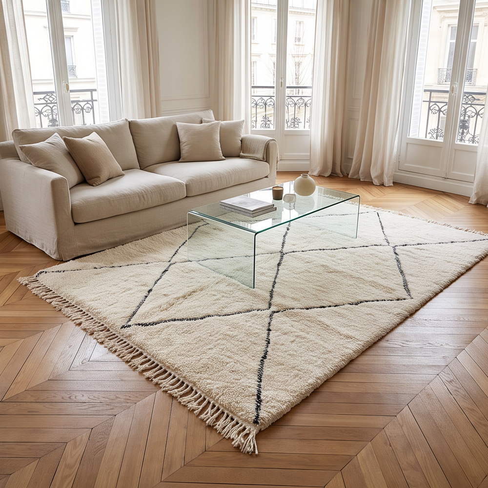 Grand tapis Béni Ouarain à losanges noirs dans un salon lumineux