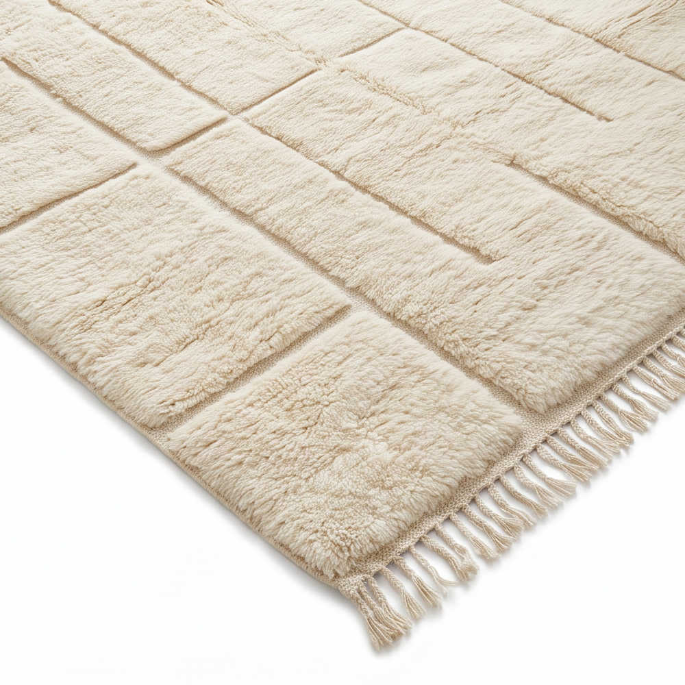 Vue oblique du tapis Béni Ouarain écru à lignes architecturales et de sa texture
