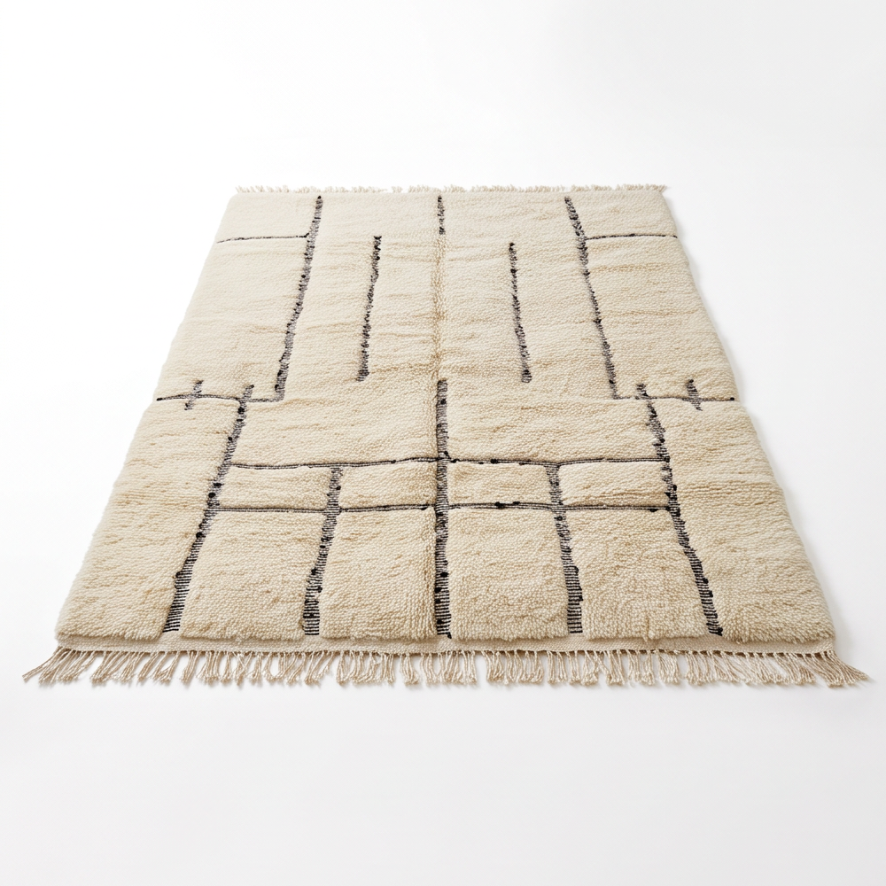 Tapis Béni Ouarain écru à lignes graphiques noires posé au sol, vu en perspective