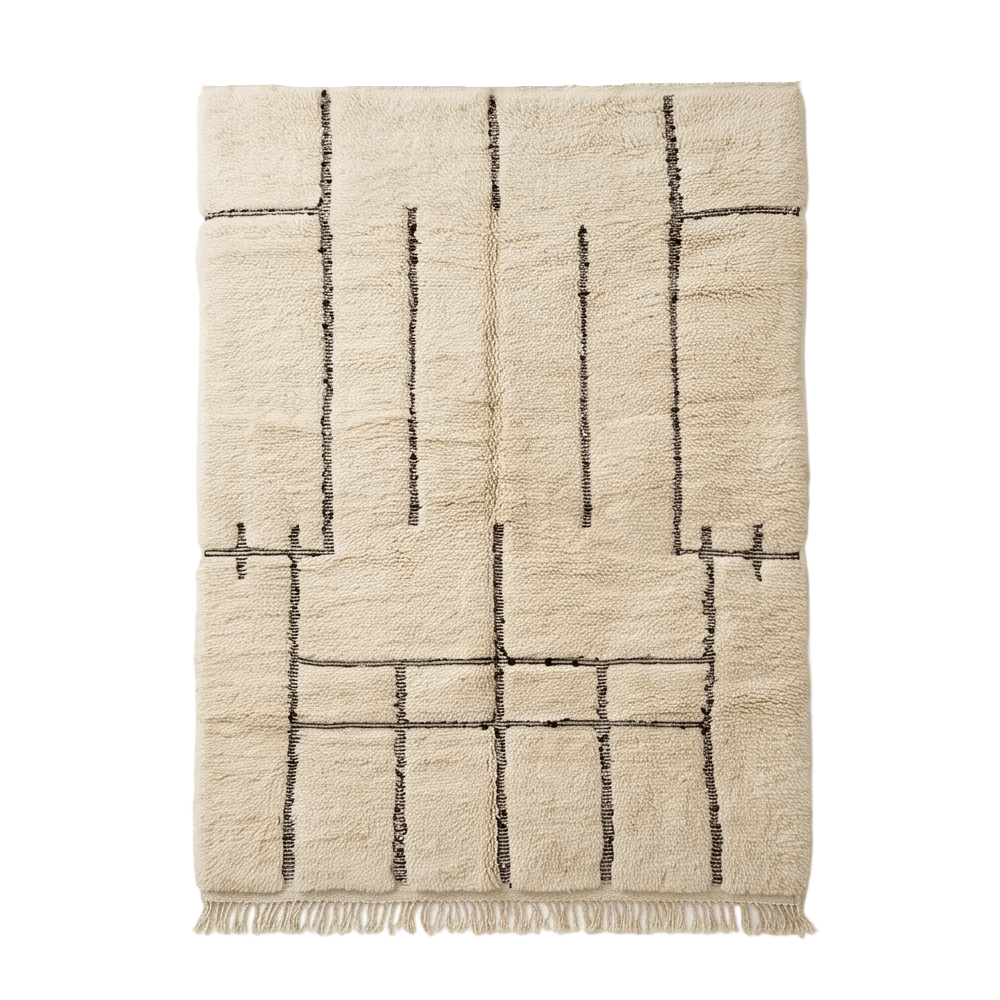 Vue complète du tapis Béni Ouarain écru à lignes graphiques noires 200x300 cm et de ses franges