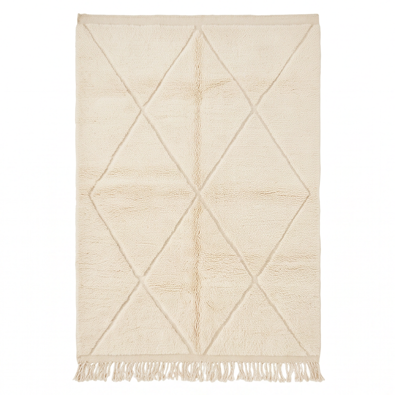 Vue de dessus du tapis Béni Ouarain écru à grands losanges en relief