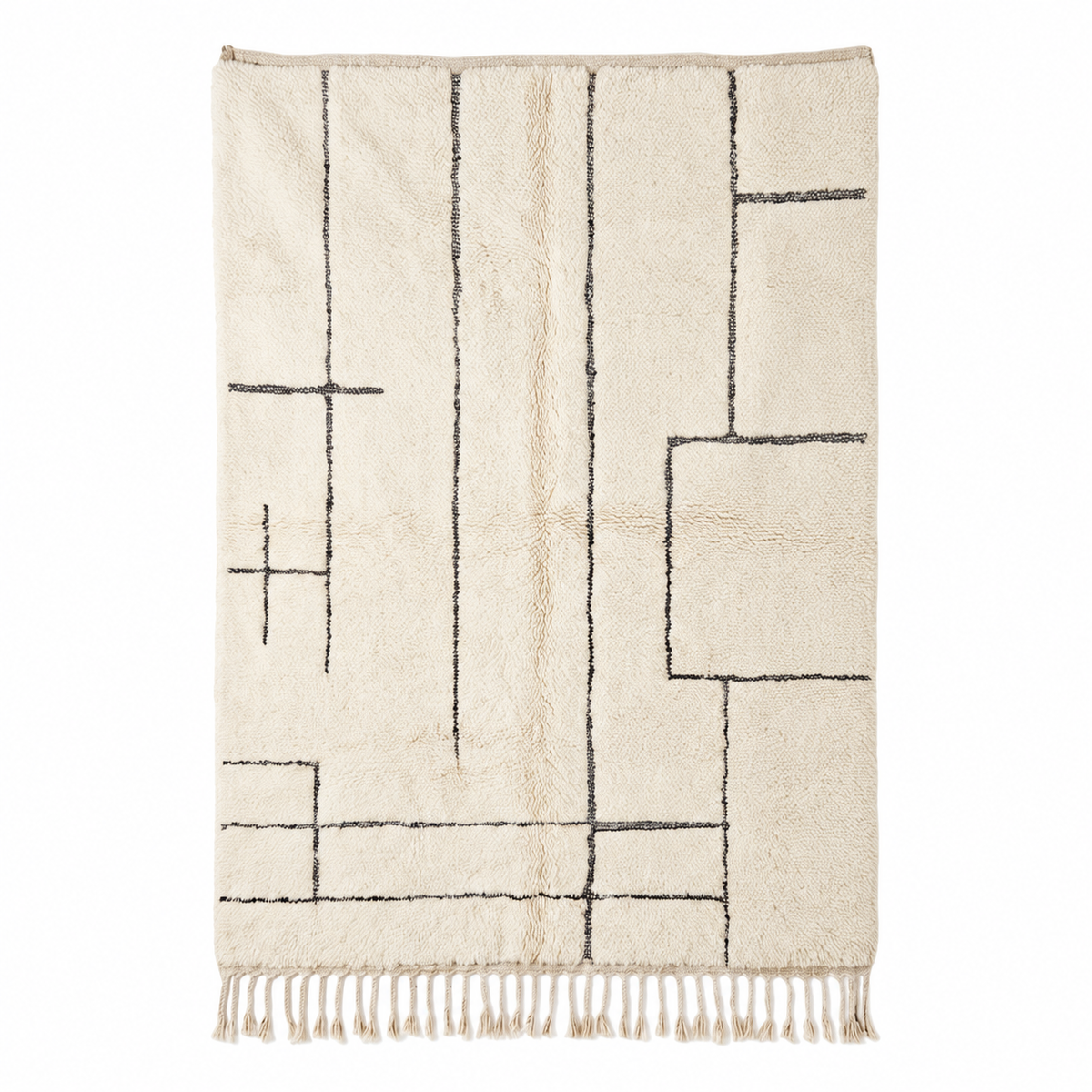 Grand tapis Béni Ouarain écru à motif graphique noir 250 x 300 cm, vue de dessus sur fond blanc