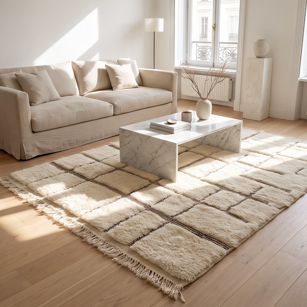 Tapis Béni Ouarain écru à quadrillage brun 200x300 cm mis en situation dans un salon