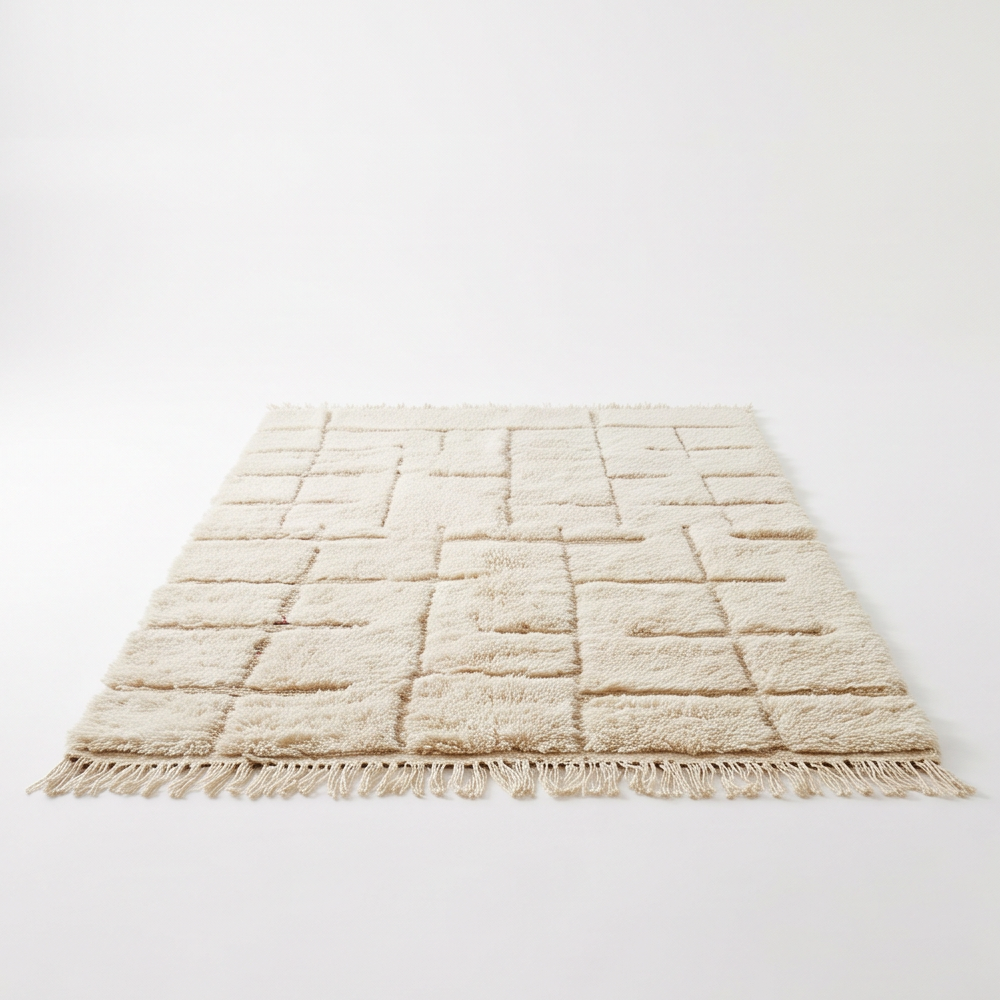 Tapis Béni Ouarain écru à relief géométrique posé au sol, vu en perspective