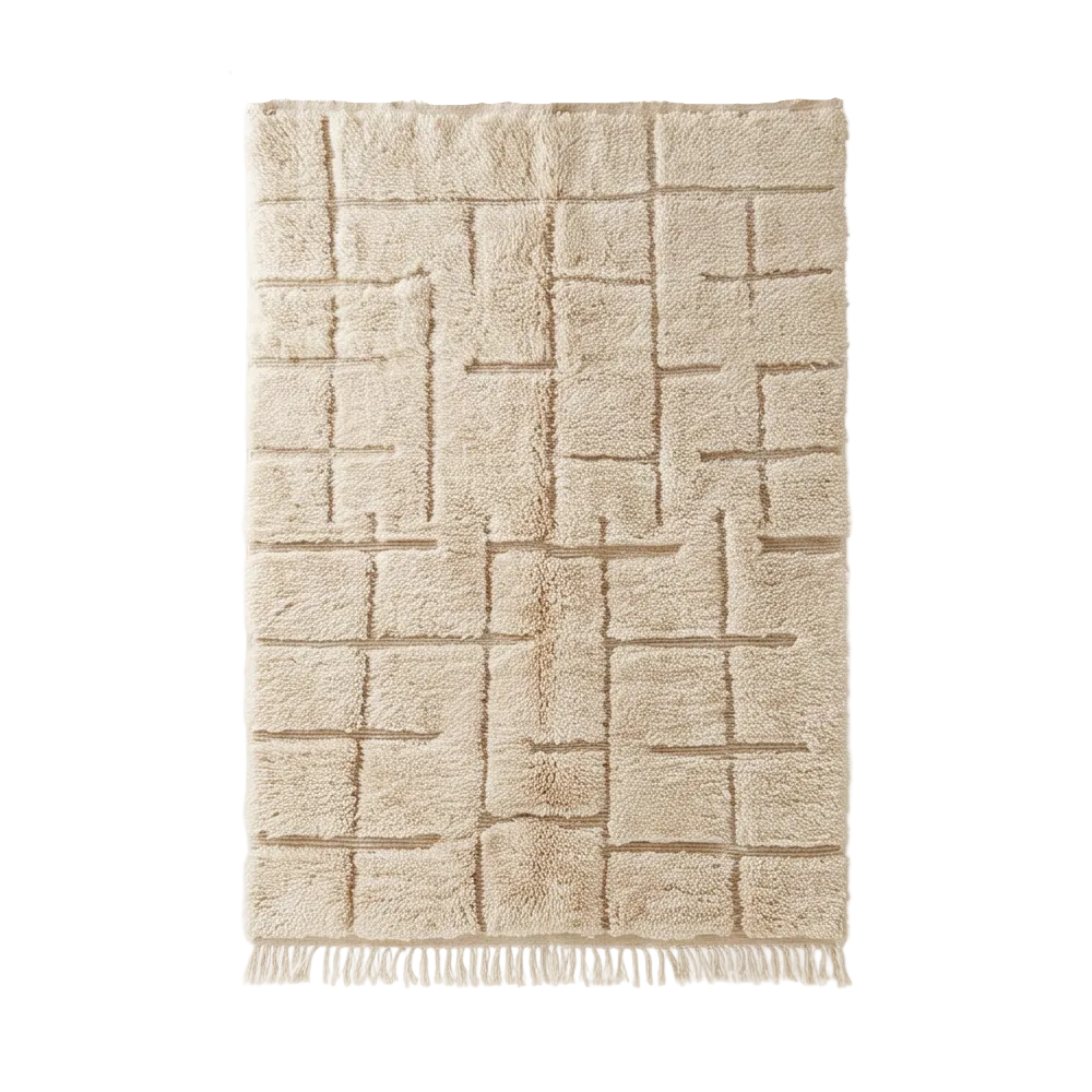 Vue complète du tapis Béni Ouarain écru à relief géométrique 200x300 cm et de ses franges
