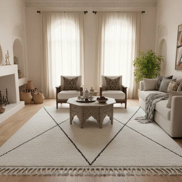 Tapis Beni Ouarain à grands losanges, de couleur crème, avec des motifs géométriques noirs et des franges décoratives.