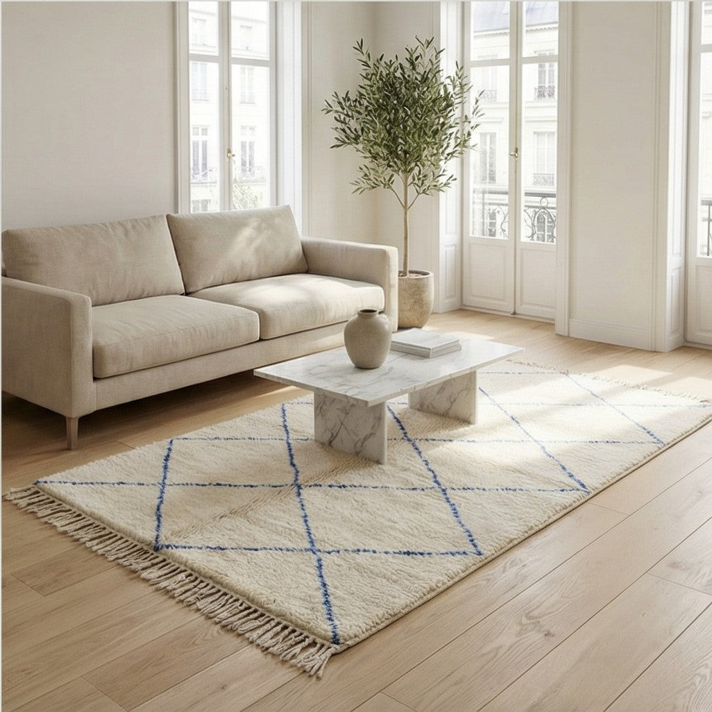 Tapis berbère blanc à losanges bleus 145x265 cm