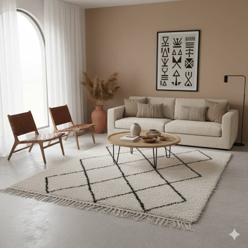 Tapis Berbère blanc à Losanges noirs <br> 110x150 cm