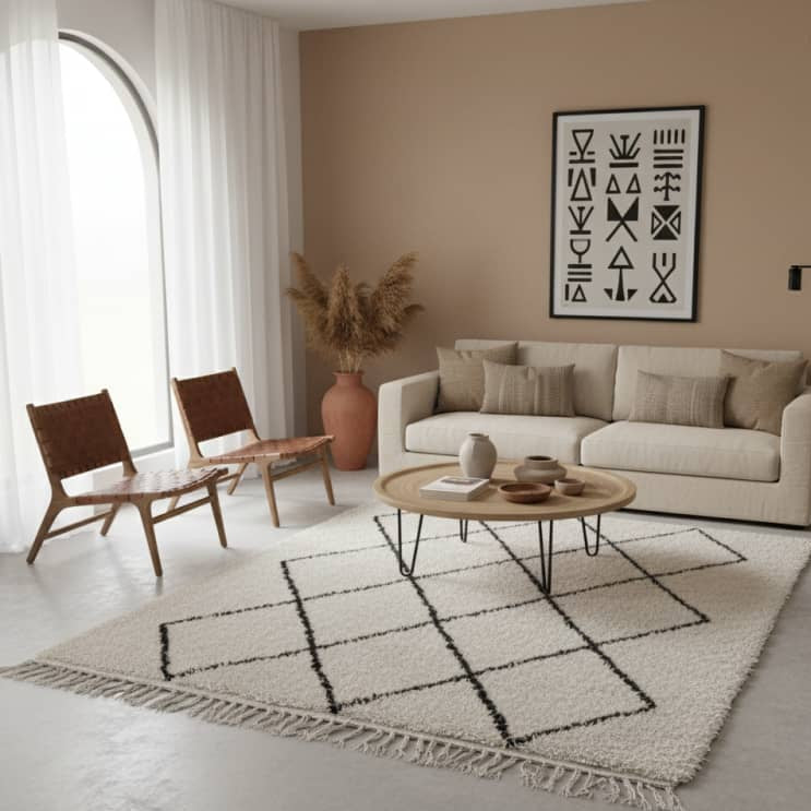 Tapis berbère blanc à losanges noirs par 110x150 cm, avec des franges décoratives.