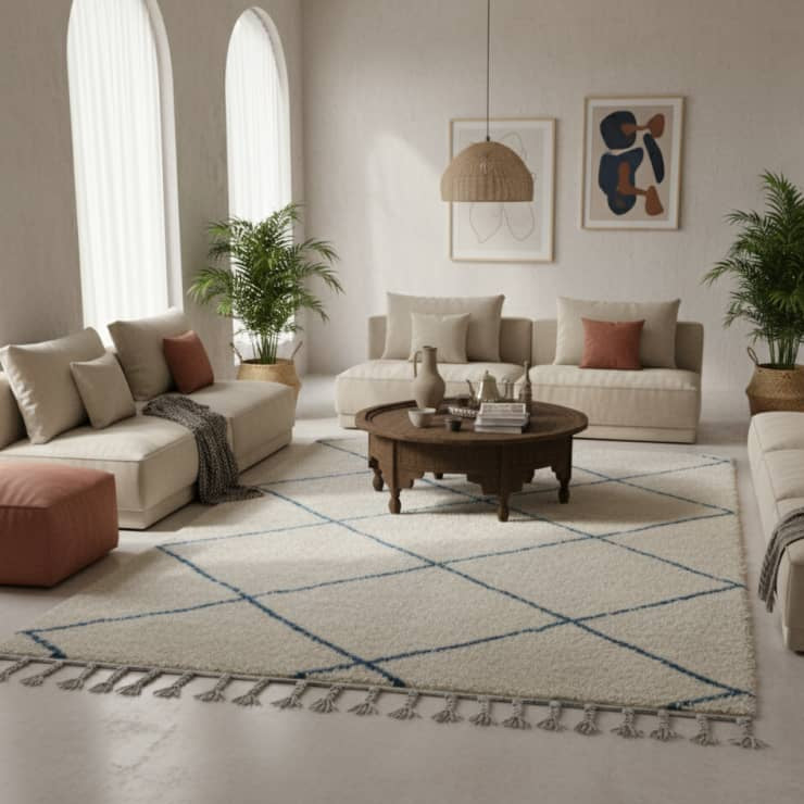 Tapis berbère losange bleu de 200x300 cm, avec un motif géométrique à losanges bleus et des franges décoratives.