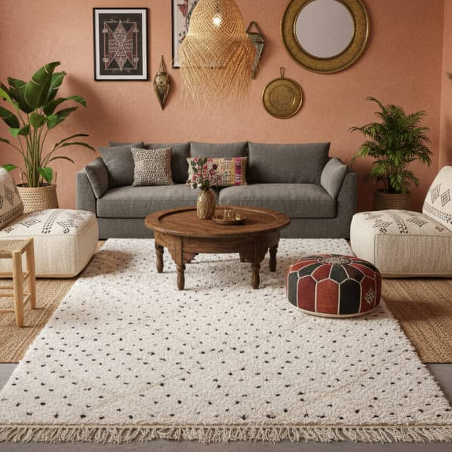 Tapis berbère en laine avec motifs pois noirs somptueux parsemés, à franges, de style bohème.
