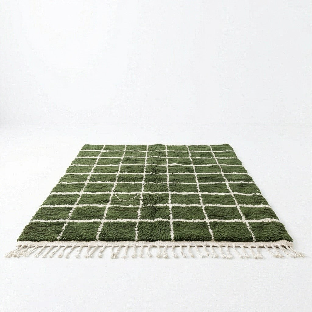 Tapis berbère vert à motif quadrillé blanc, texture shaggy et franges.