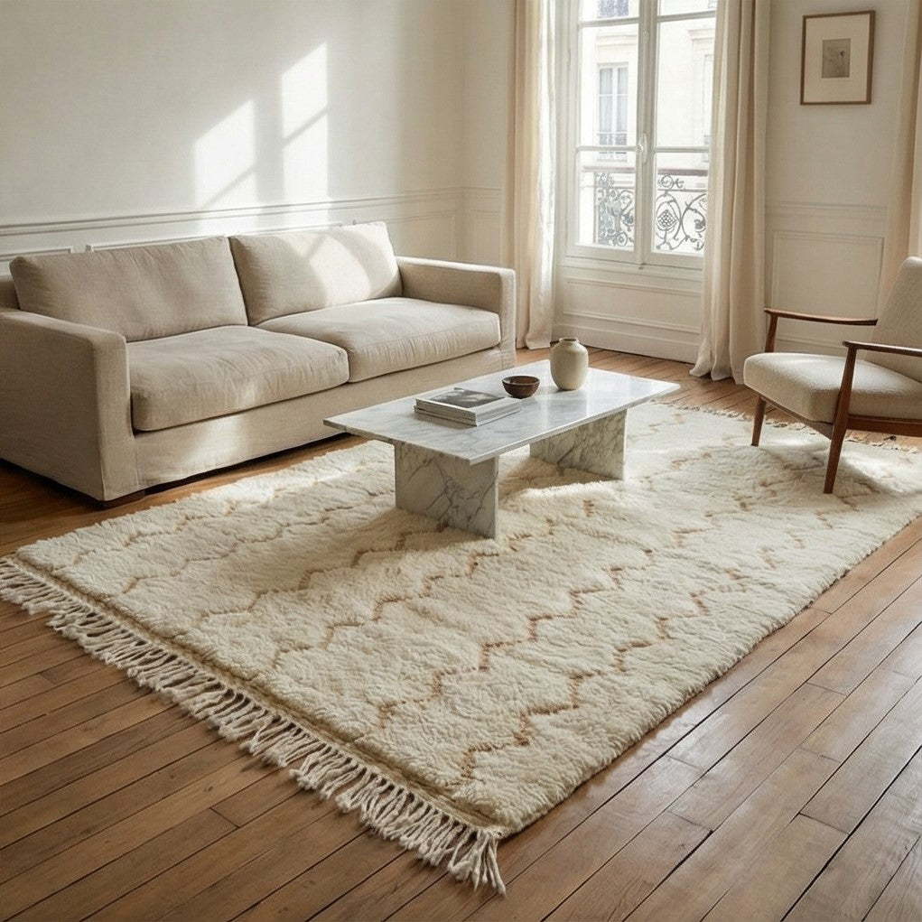 Tapis marocain Blanc en laine zigzag jaune