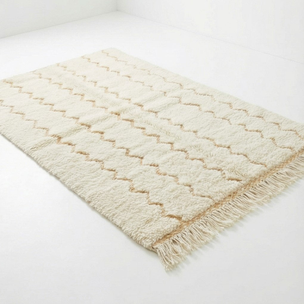 Tapis marocain Blanc en laine zigzag jaune